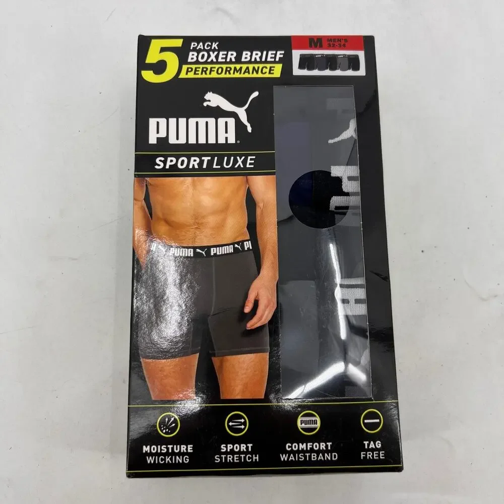 Puma Boxers Briefs Mens M Medium 5 Pack Performance Sport Luxe Moisture Wicking